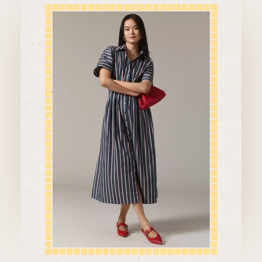 Anthropologie Tobie Button-Front Pleated Shirt Dress by Exquise NWT in NAVY